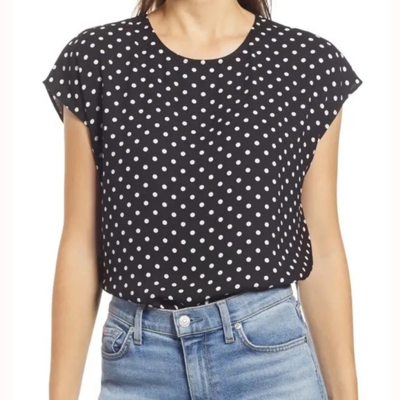 Halogen Black and White Polka Dot Cap Sleeve Top NWT Size XS - Picture 1 of 7